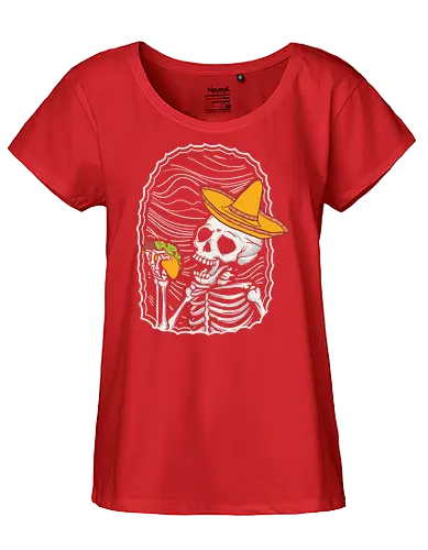 Skeleton eating taco - skeleton, sombrero, taco, humor, vibrant, contrast, monochrome, playful, framed, design - Fairtrade Girl Shirt