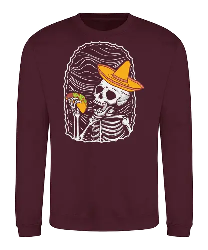 Skeleton eating taco - skeleton, sombrero, taco, humor, vibrant, contrast, monochrome, playful, framed, design - Sweatshirt