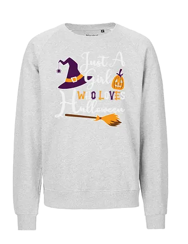 Just a Girl Who Loves Halloween - halloween, witch hat, broomstick, pumpkin, typography, festive, playful, holiday, design - Fairtrade Sweatshirt