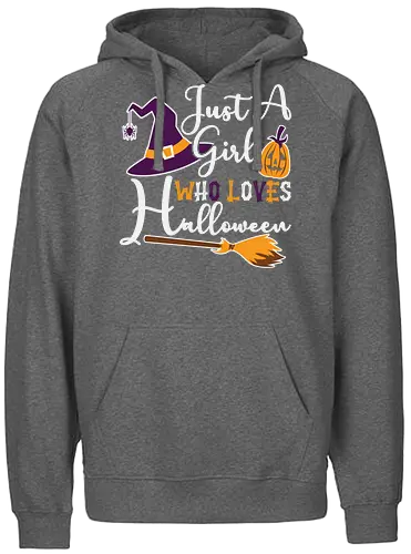 Just a Girl Who Loves Halloween - halloween, witch hat, broomstick, pumpkin, typography, festive, playful, holiday, design - Fairtrade Hoodie