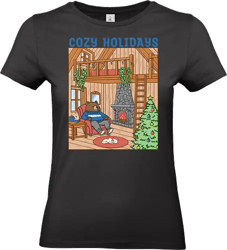 Cozy Holidays in the Cabin - cottage, cabin, Xmas, cozy, holiday, snowfall, snow, warm, merry Christmas, Christmas, bear - Standard T-Shirt (Frauen)