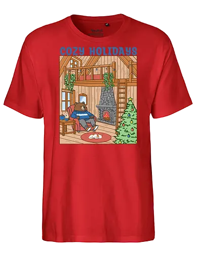 Cozy Holidays in the Cabin - cottage, cabin, Xmas, cozy, holiday, snowfall, snow, warm, merry Christmas, Christmas, bear - Fairtrade T-Shirt