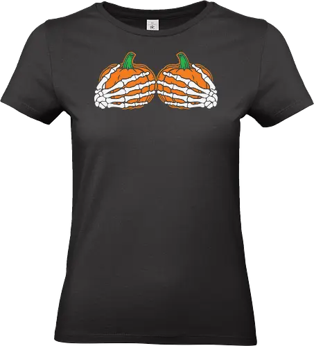 Pumpkins wrapped with skeleton hands - pumpkins, skeleton, halloween, orange, contrast, spooky, design, graphic, festive - Standard T-Shirt (Frauen)