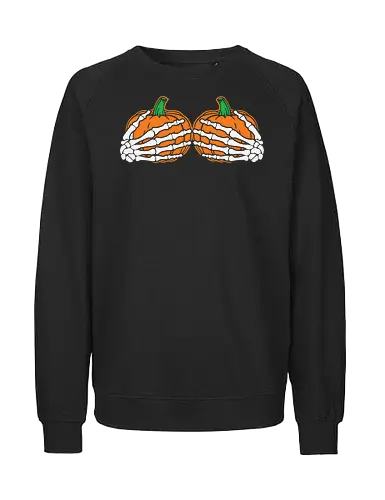 Pumpkins wrapped with skeleton hands - pumpkins, skeleton, halloween, orange, contrast, spooky, design, graphic, festive - Fairtrade Sweatshirt
