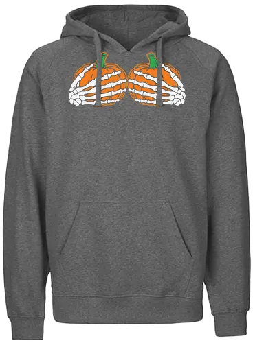 Pumpkins wrapped with skeleton hands - pumpkins, skeleton, halloween, orange, contrast, spooky, design, graphic, festive - Fairtrade Hoodie