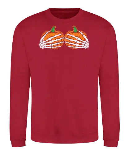 Pumpkins wrapped with skeleton hands - pumpkins, skeleton, halloween, orange, contrast, spooky, design, graphic, festive - Sweatshirt
