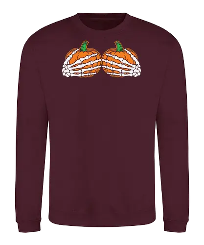 Pumpkins wrapped with skeleton hands - pumpkins, skeleton, halloween, orange, contrast, spooky, design, graphic, festive - Sweatshirt