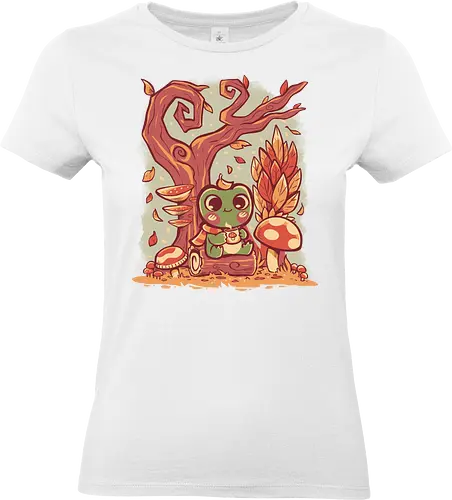 Cozy Autumn Days Frog - mushroom, gremlincore, cute, frog, cottagecore frog, positive vibe, froggy, coziness, autumn, fall, frog lover, Frosch, cottagecore Frosch, positive Stimmung, froschig, Gemütlichkeit, Herbst, Herbst, Froschliebhaber, goblincore, forestcore, folkart, witchy - Standard T-Shirt (Frauen)