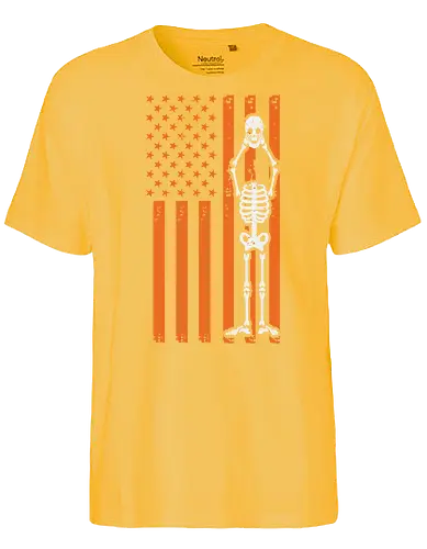 Skeleton and American flag - skeleton, american flag, orange, brown, stars and stripes, contrast, design, integration, bold, unique - Fairtrade T-Shirt