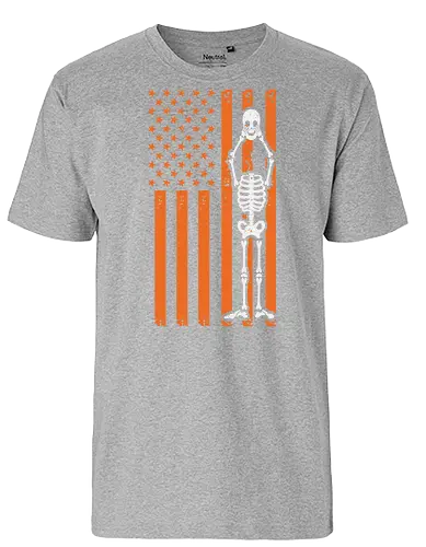 Skeleton and American flag - skeleton, american flag, orange, brown, stars and stripes, contrast, design, integration, bold, unique - Fairtrade T-Shirt