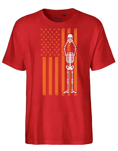 Skeleton and American flag - skeleton, american flag, orange, brown, stars and stripes, contrast, design, integration, bold, unique - Fairtrade T-Shirt