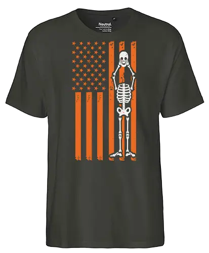 Skeleton and American flag - skeleton, american flag, orange, brown, stars and stripes, contrast, design, integration, bold, unique - Fairtrade T-Shirt