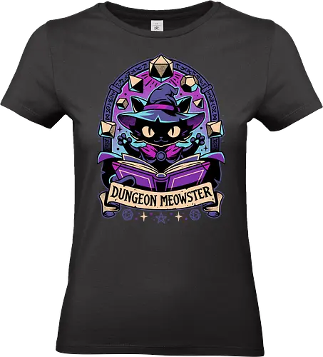 Feline Dungeon Keeper - black cat, dungeon master, meowster, d20 dice, wizard, magic, dm, roleplay, tabletop rpg, book, dark art, evil - Standard T-Shirt (Frauen)