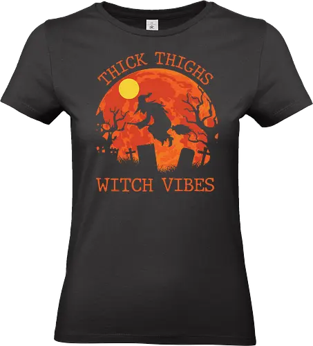 Thick Thighs Witch Vibes - halloween, witch, moon, broomstick, graveyard, silhouette, spooky, trees, quote, night - Standard T-Shirt (Frauen)