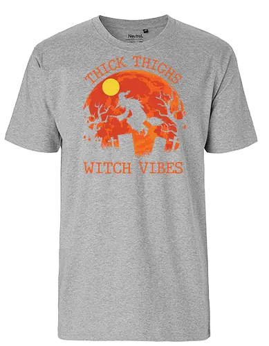 Thick Thighs Witch Vibes - halloween, witch, moon, broomstick, graveyard, silhouette, spooky, trees, quote, night - Fairtrade T-Shirt