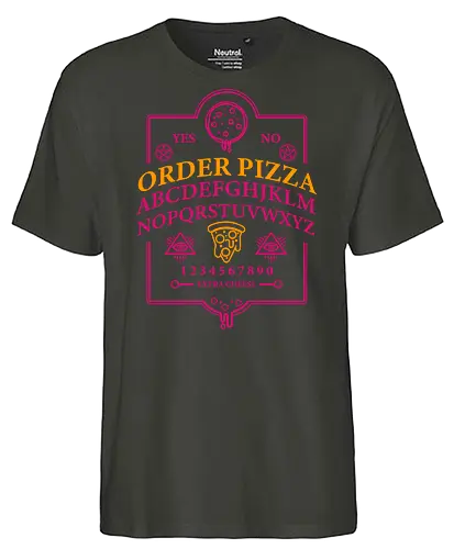 Order Pizza - pizza, ouija board, design, typography, humor, maroon, graphic, novelty, planchette - Fairtrade T-Shirt