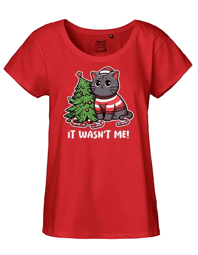 IT WASN'T ME! - cat, christmas tree, sweater, candy canes, humorous, cute, holiday, decorations, festive, innocent - Fairtrade Girl Shirt