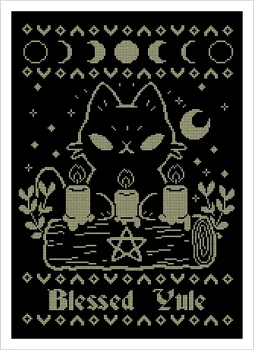 Blessed Yule Black Cat UGLY CHRISTMAS - ugly Christmas sweater, yule, black cat, christmas, witch, moon - Kunstdruck