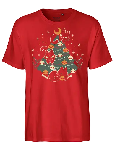 Halloween Christmas Tree with Black Cats - christmas, christmas tree, black cat, halloween, spooky, cute, skull - Fairtrade T-Shirt