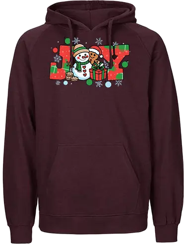 JOY - snowman, gingerbread, joy, holiday, christmas, snowflakes, gifts, decorations, festive, ornaments - Fairtrade Hoodie