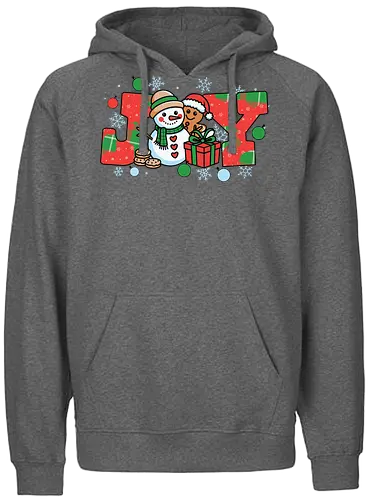 JOY - snowman, gingerbread, joy, holiday, christmas, snowflakes, gifts, decorations, festive, ornaments - Fairtrade Hoodie