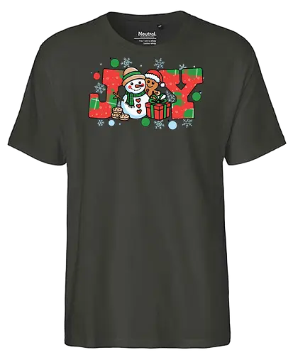 JOY - snowman, gingerbread, joy, holiday, christmas, snowflakes, gifts, decorations, festive, ornaments - Fairtrade T-Shirt