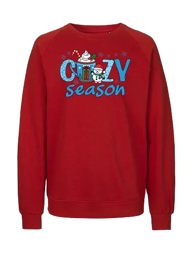 Cozy Season - christmas, holiday, snowman, cozy, winter, festive, mug, candy cane, snowflakes, design - Fairtrade Sweatshirt