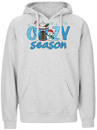 Cozy Season - christmas, holiday, snowman, cozy, winter, festive, mug, candy cane, snowflakes, design - Fairtrade Hoodie
