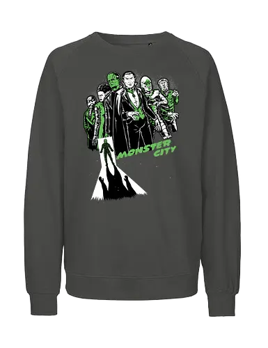 Monster City - Classic Horror, Horror, Horror Movies, Monsters, Monster, Classic, Sin City, Universal, Bride Of Frankenstein, Frankenstein, Dracula Movie, Dracula, Count Dracula, Vampire, Zombie, Mummy, Creature From The Black Lagoon, An American Werewolf In London, Werewolf, Halloween, Scary, Spooky, Spooky Season, Creepy - Fairtrade Sweatshirt