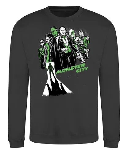 Monster City - Classic Horror, Horror, Horror Movies, Monsters, Monster, Classic, Sin City, Universal, Bride Of Frankenstein, Frankenstein, Dracula Movie, Dracula, Count Dracula, Vampire, Zombie, Mummy, Creature From The Black Lagoon, An American Werewolf In London, Werewolf, Halloween, Scary, Spooky, Spooky Season, Creepy - Sweatshirt