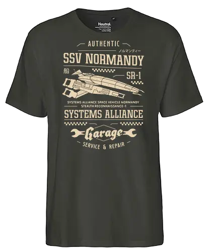 Ssv Normandy Garage - mass, n7, effect, commander shepard, spectre, ssv, normandy, systems alliance, garrus vakarian, tali zorah, video game, gaming, gamer, urdnot wrex, mordin solus, jaal ama darav, liara t soni - Fairtrade T-Shirt