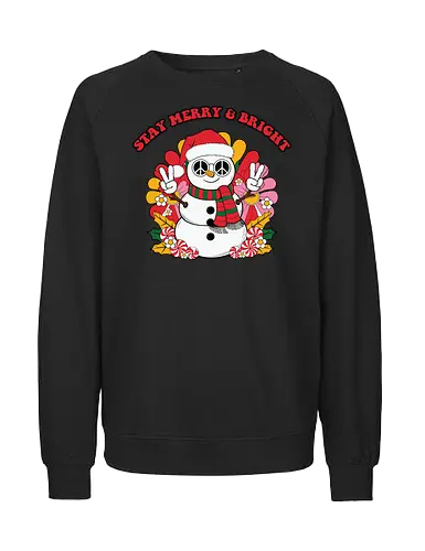 Stay Merry & Bright - snowman, christmas, peace sign, santa hat, scarf, flowers, cheerful, festive, merry, bright - Fairtrade Sweatshirt