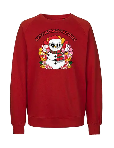 Stay Merry & Bright - snowman, christmas, peace sign, santa hat, scarf, flowers, cheerful, festive, merry, bright - Fairtrade Sweatshirt