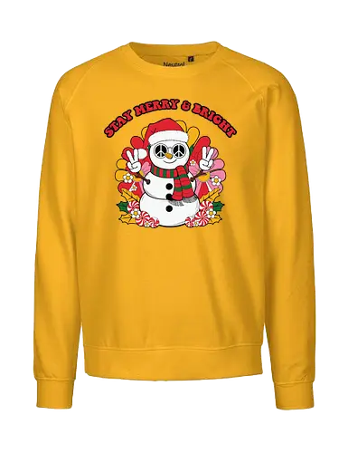 Stay Merry & Bright - snowman, christmas, peace sign, santa hat, scarf, flowers, cheerful, festive, merry, bright - Fairtrade Sweatshirt