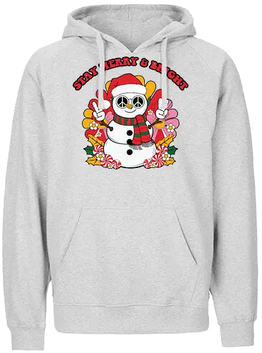 Stay Merry & Bright - snowman, christmas, peace sign, santa hat, scarf, flowers, cheerful, festive, merry, bright - Fairtrade Hoodie