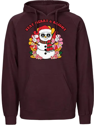 Stay Merry & Bright - snowman, christmas, peace sign, santa hat, scarf, flowers, cheerful, festive, merry, bright - Fairtrade Hoodie