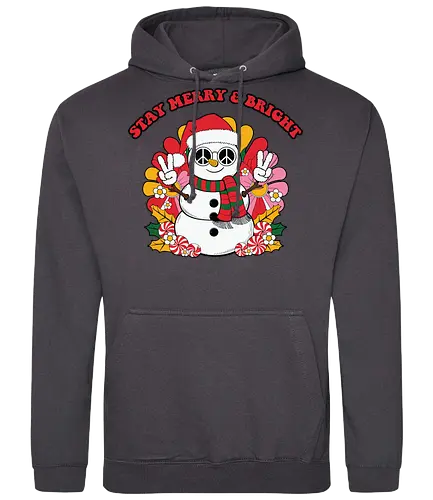 Stay Merry & Bright - snowman, christmas, peace sign, santa hat, scarf, flowers, cheerful, festive, merry, bright - Standard Hoodie