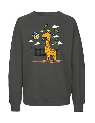 Giraffe Playing Volleyball - giraffe, volleyball, leaves, net, ball, fun, animal, playful, nature, drawing - Fairtrade Sweatshirt
