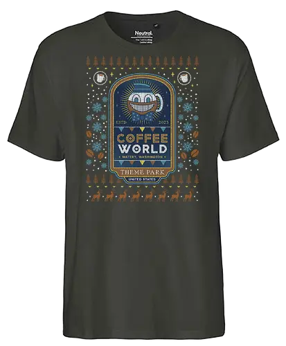 Watery Coffee World Ugly Sweater - alan, video game, video games, gaming, gamer, control, american nightmare, deer fest, oh deer diner, coffee thermos, cauldron, lake, night, springs, wake, christmas, ugly christmas sweater, xmas - Fairtrade T-Shirt