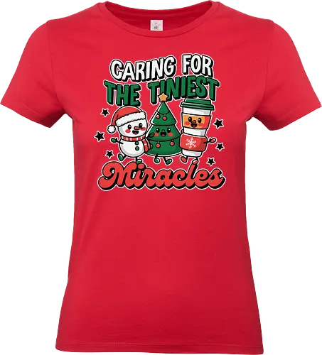 Caring for the Tiniest Miracles - christmas, snowman, coffee cup, christmas tree, festive, holiday, cheerful, stars, decoration, miracles - Standard T-Shirt (Frauen)