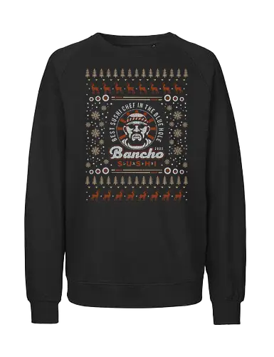 Bancho Sushi Ugly Sweater - dave, game, gaming, video game, gamer, japanese food, fishing, diver, diving game, ramen, bancho sushi, fish, chef, dave, adventure, christmas, ugly sweater, xmas, ugly christmas sweater - Fairtrade Sweatshirt