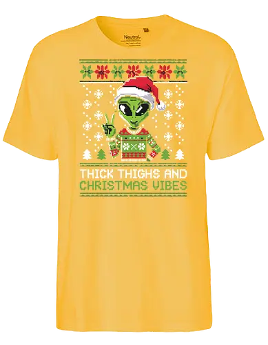 Thick Thighs and Christmas Vibes - alien, christmas, sweater, santa hat, snowflakes, peace sign, holiday, humor, festive, trees - Fairtrade T-Shirt
