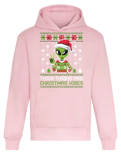 Thick Thighs and Christmas Vibes - alien, christmas, sweater, santa hat, snowflakes, peace sign, holiday, humor, festive, trees - Heavyweight Hoodie