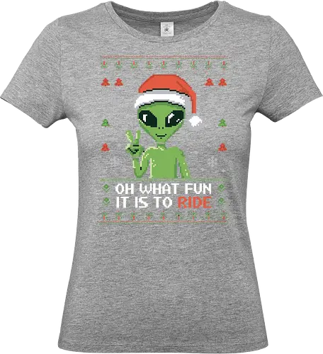 Oh what fun it is to ride - alien, christmas, santa hat, pixel art, peace sign, snowflakes, festive, holiday, green - Standard T-Shirt (Frauen)