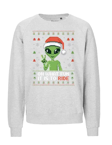 Oh what fun it is to ride - alien, christmas, santa hat, pixel art, peace sign, snowflakes, festive, holiday, green - Fairtrade Sweatshirt