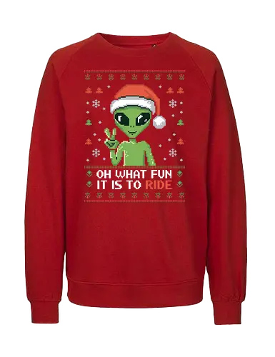Oh what fun it is to ride - alien, christmas, santa hat, pixel art, peace sign, snowflakes, festive, holiday, green - Fairtrade Sweatshirt