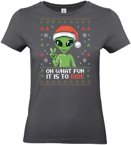 Oh what fun it is to ride - alien, christmas, santa hat, pixel art, peace sign, snowflakes, festive, holiday, green - Standard T-Shirt (Frauen)