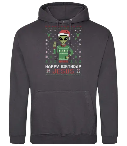 Happy Birthday Jesus - alien, santa hat, christmas, sweater, pixel art, festive, holiday, green, jesus, greeting - Standard Hoodie
