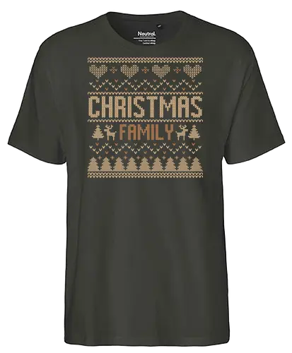 Christmas and Family. - christmas, family, festive, sweater, pattern, holiday, knitting, hearts, reindeer, trees - Fairtrade T-Shirt