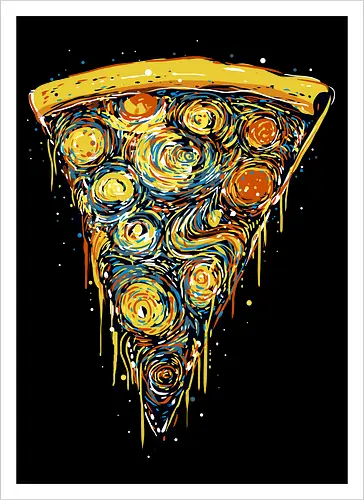 Starry slice - pizza, pizza lovers, food, Vincen Van Gogh, painting, funn, funny, memes, starry nights - Kunstdruck
